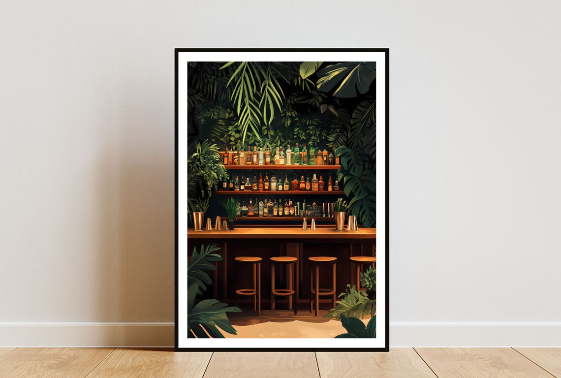 Tropical Night Cocktail Bar with Palms and Bottle Shelves Poster