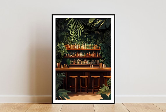 Tropical Night Cocktail Bar with Palms and Bottle Shelves Poster