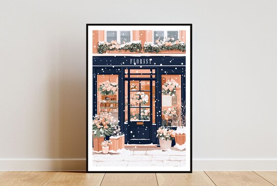 Snowy Florist Shopfront Blush Blooms Christmas Window Poster