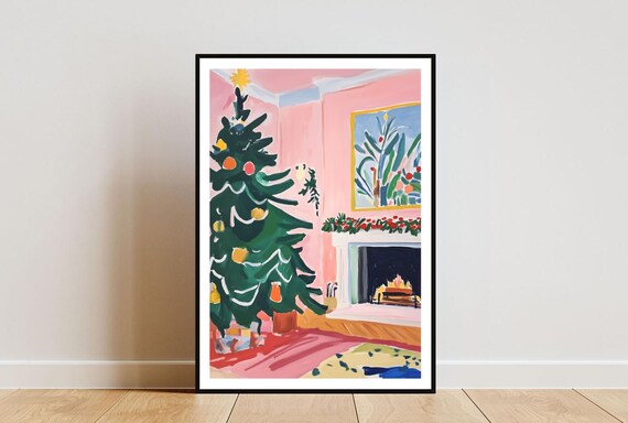 Christmas Tree Pink Living Room Fireplace Festive Art Poster