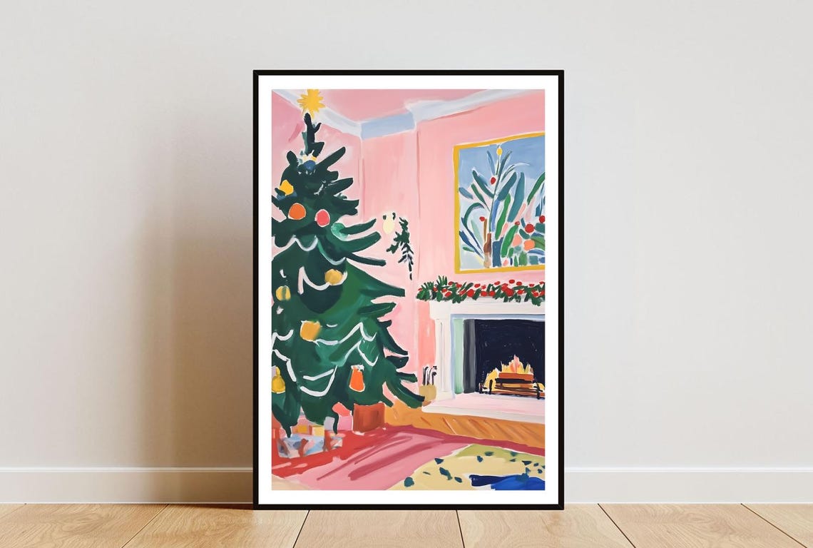 Christmas Tree Pink Living Room Fireplace Festive Art Poster