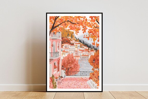 Lake Como In Autumn Pink Foliage And Lakeside Italian Town Poster