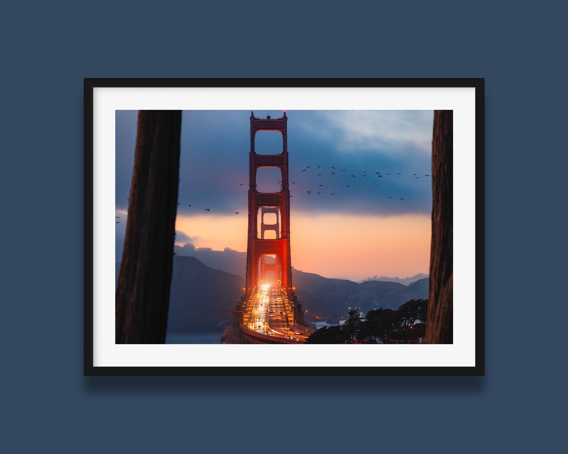 Golden Gate Bridge Tower Twilight Traffic San Francisco Poster