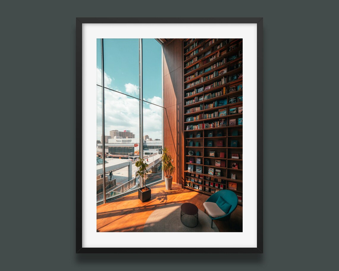 Sunlit Japanese Bookstore Interior Floor To Ceiling Window Library Poster