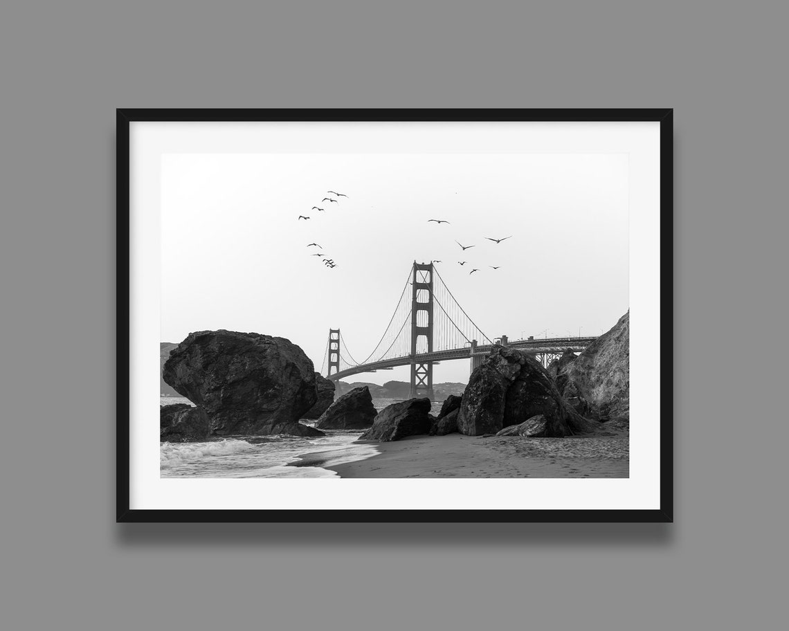 Golden Gate Bridge Black And White Rocky Beach Seabirds Poster