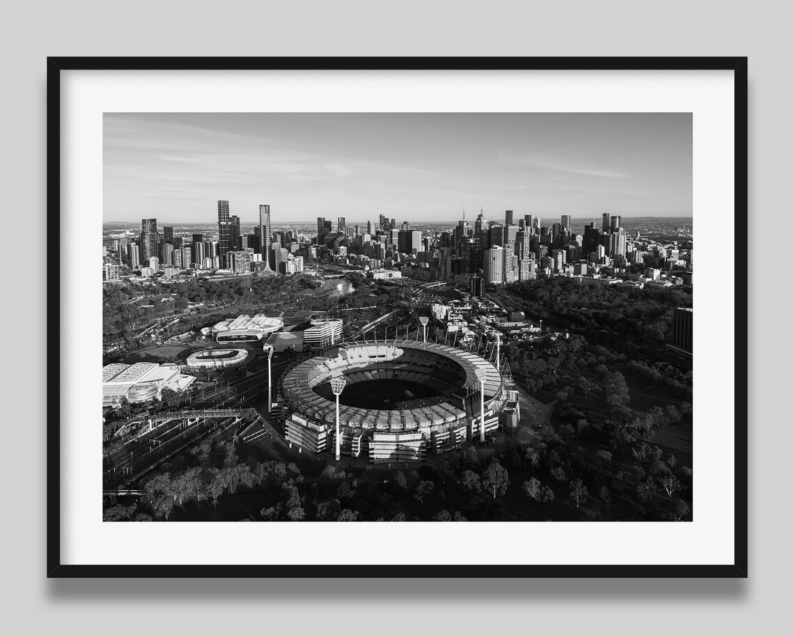 Melbourne MCG Stadium City Skyline Black And White Aerial Photography Poster