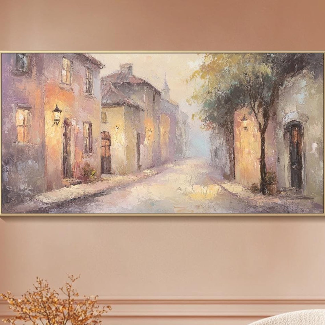 Soft Light European Village Street With Lanterns Cityscape Wall Art
