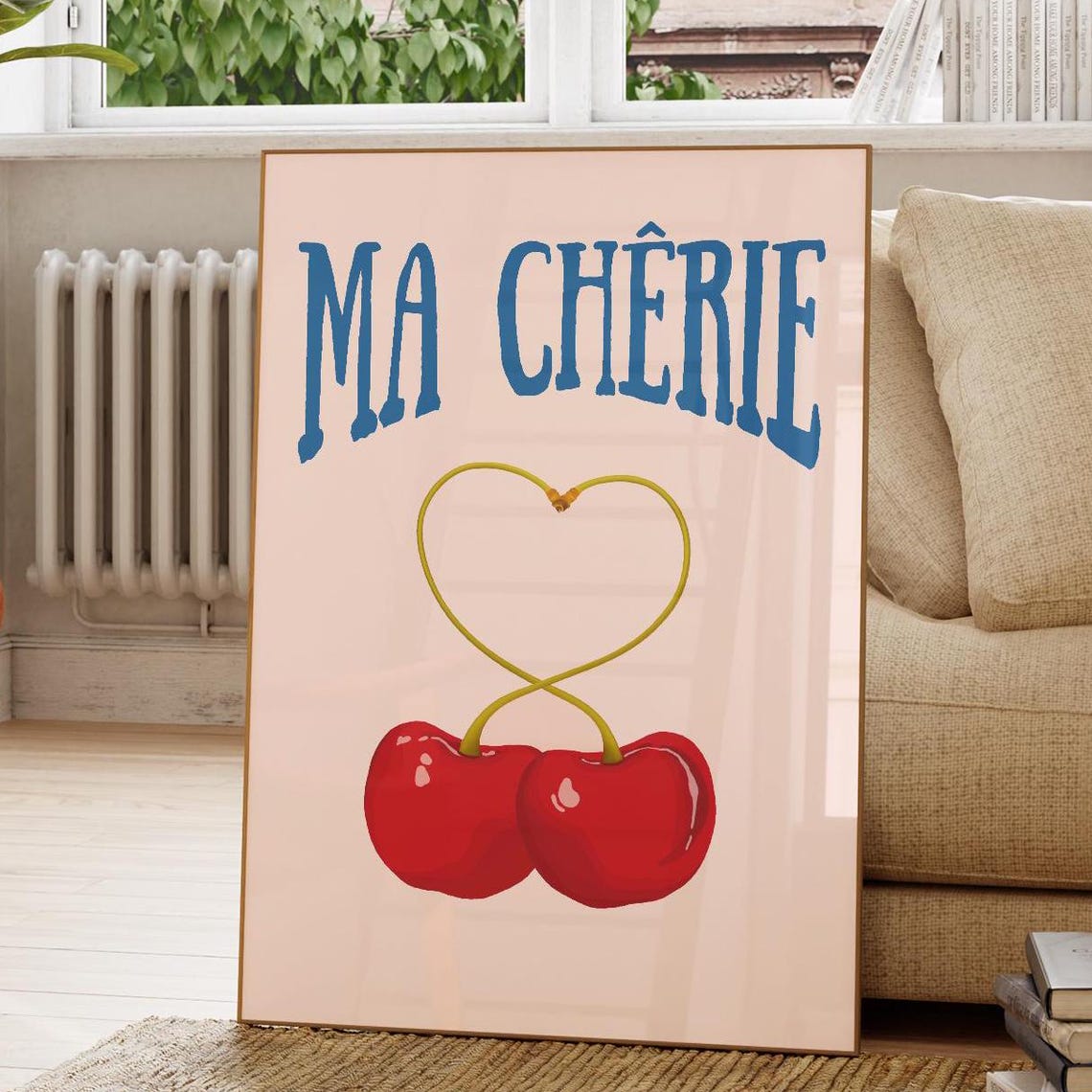 Ma Cherie Sweet Red Cherry Heart Stems Blue Lettering Poster