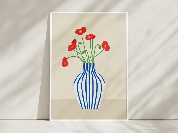 Poppies and Tulips Bouquet Art Print, Minimal Floral