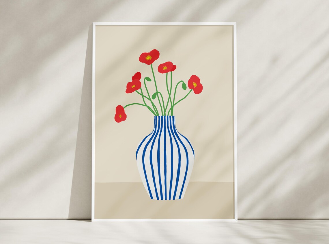 Poppies and Tulips Bouquet Art Print, Minimal Floral