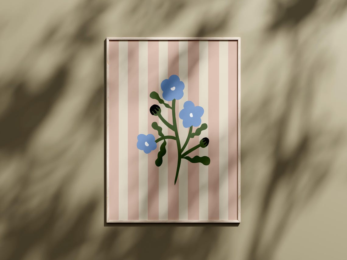 Blue Flower Stem Illustration on Pink Cream Striped Floral Poster - Image 3