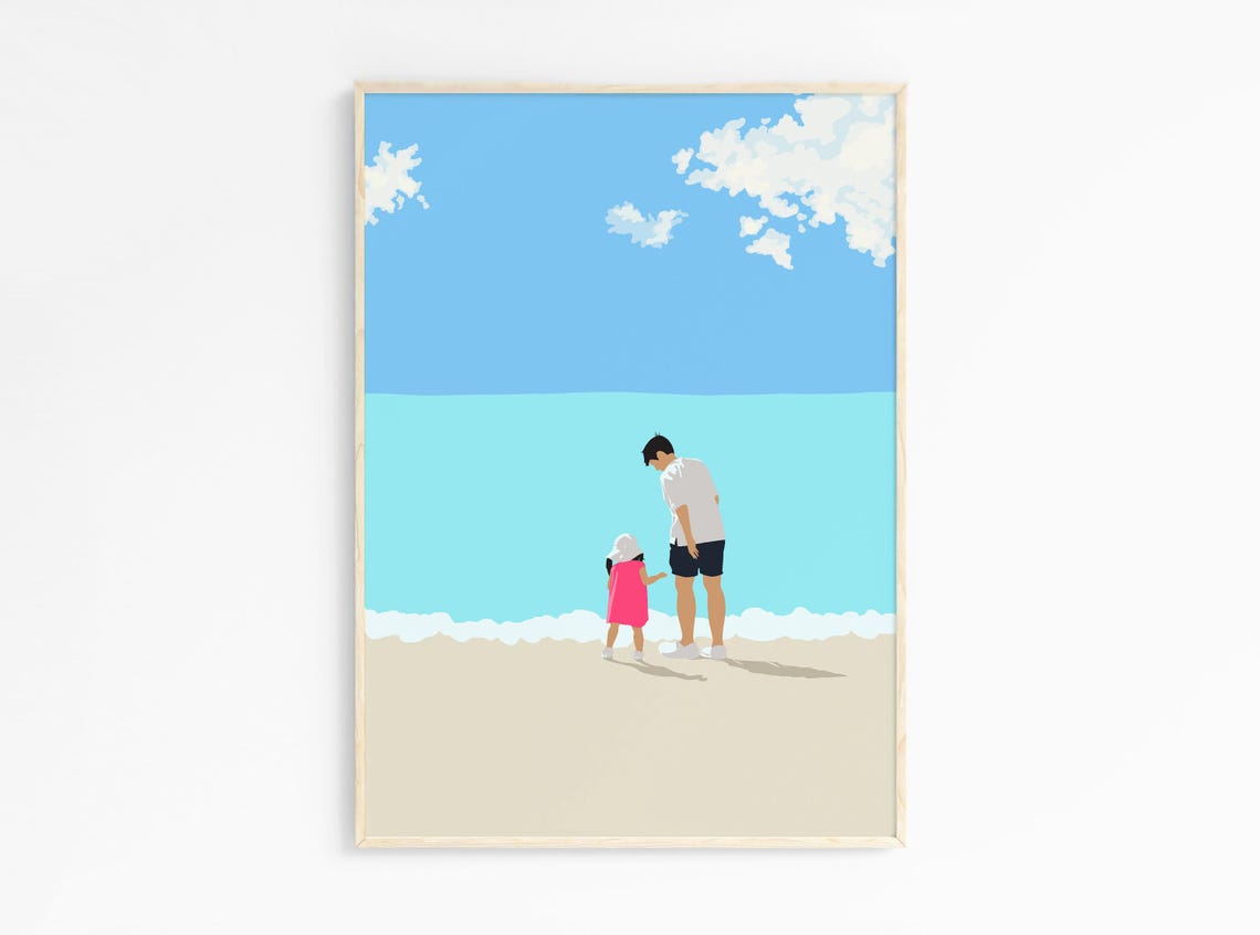 Father and Daughter Holding Hands on Beach Turquoise Sea Wall Art