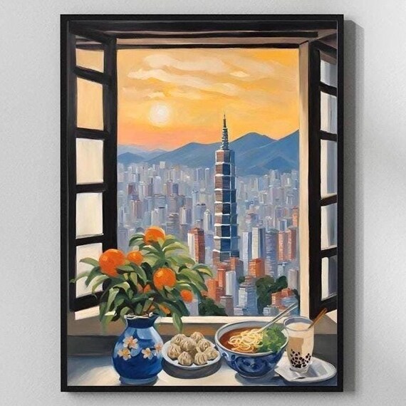 Taipei Poster Print Window To Taiwan Waterfront Artwork Vintage Travel Abstract Matisse Style Art Taiwanese American Gift 101