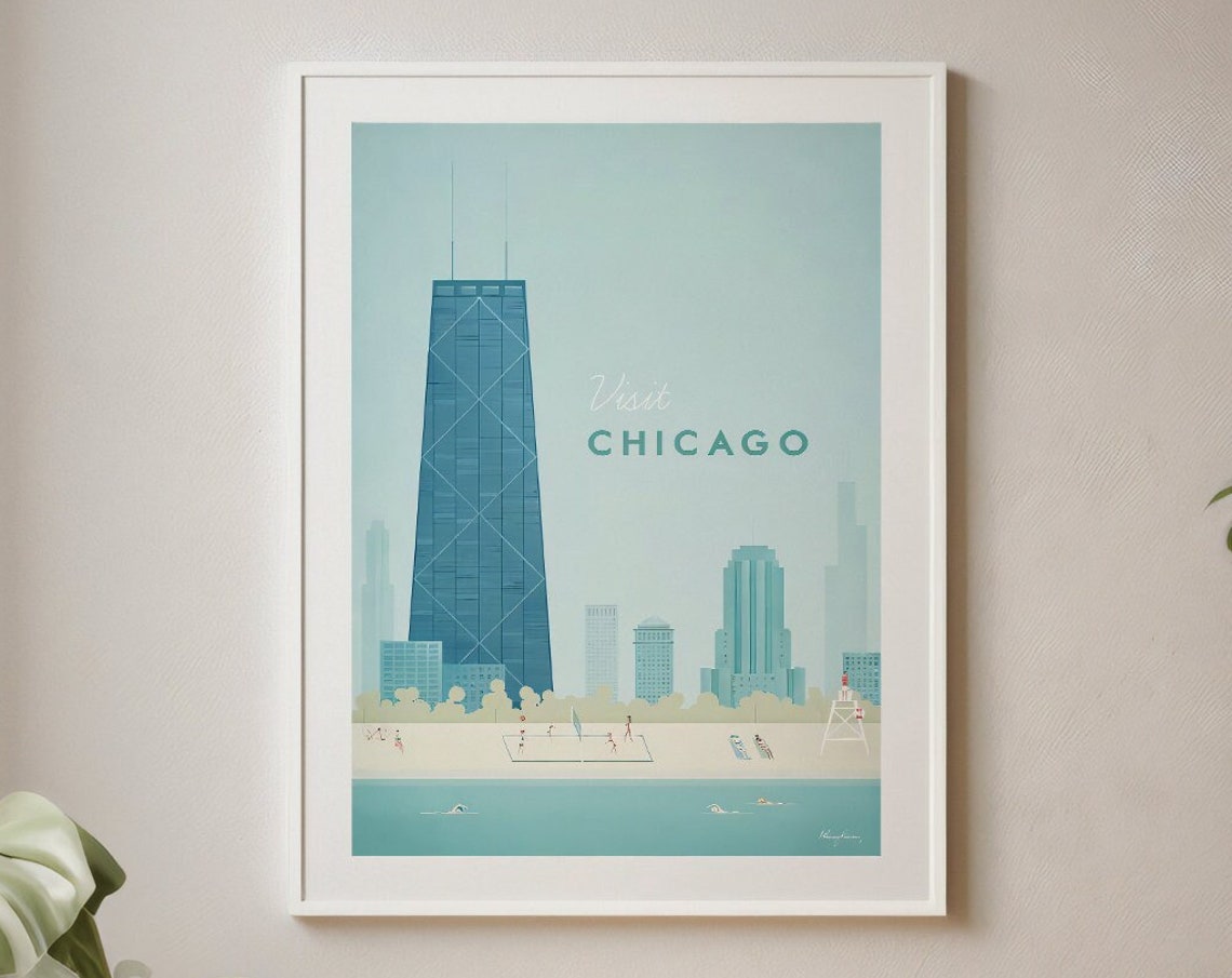 Vintage Visit Chicago Travel Poster with Skyline and Beach Scene