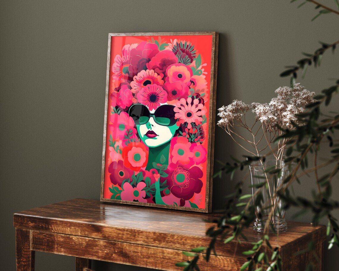 Pop Art Woman Face in Pink Flowers Sunglasses Bold Floral Poster