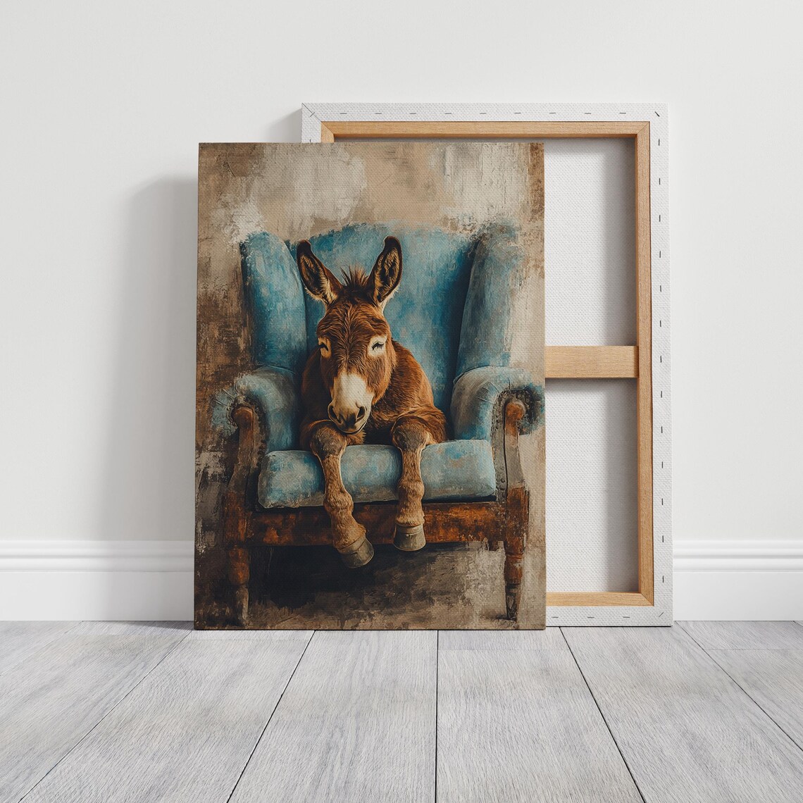 Adorable Donkey Resting On Blue Chair, Farmhouse Art Print