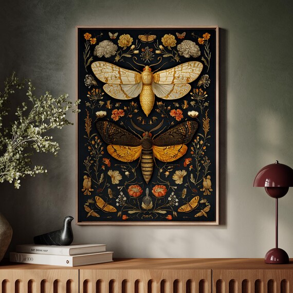 Vintage Moth Study Botanical Entomology Dark Cottagecore Poster