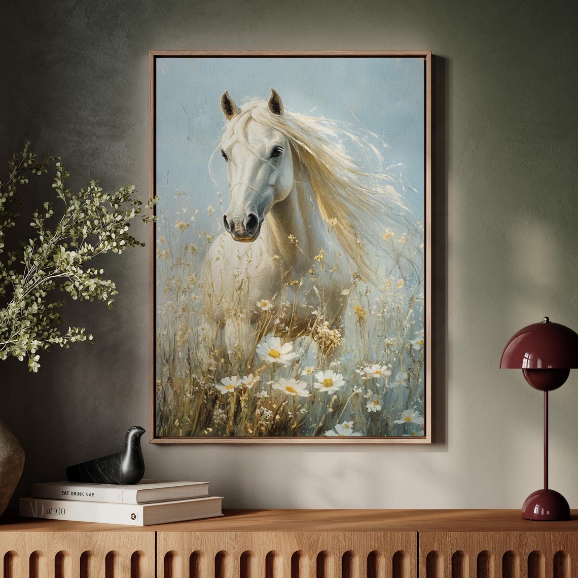 White Horse Daisy Meadow Blue Sky Majestic Equestrian Poster