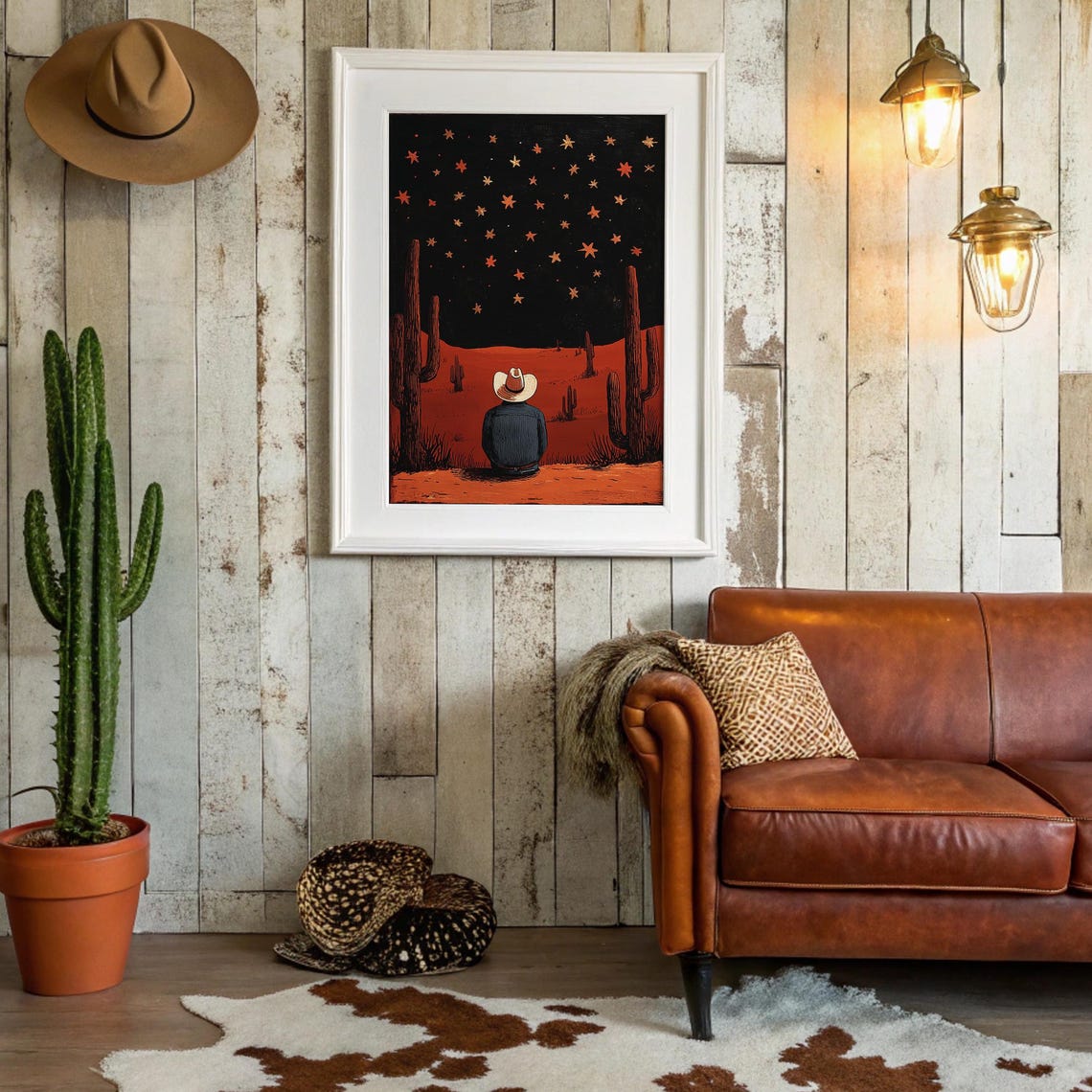 Cowboy Under Desert Stars In Silent Night Sky