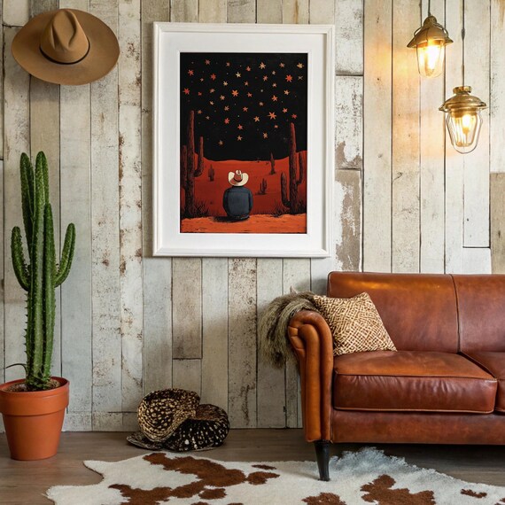 Cowboy Under Desert Stars In Silent Night Sky