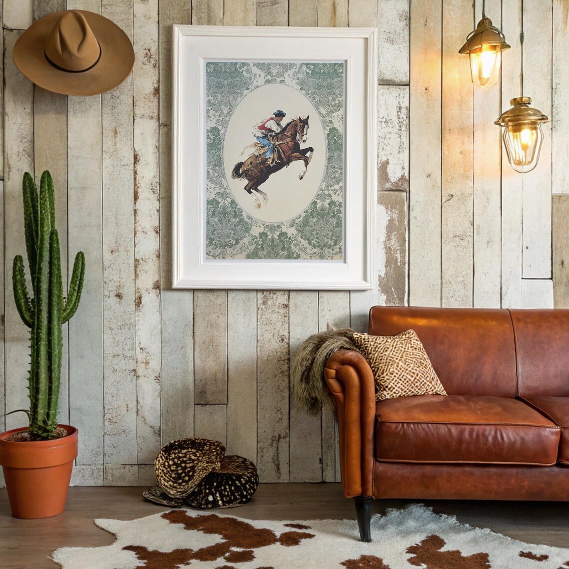 Vintage Cowboy Bucking Horse Oval Sage Western Rodeo Art Poster