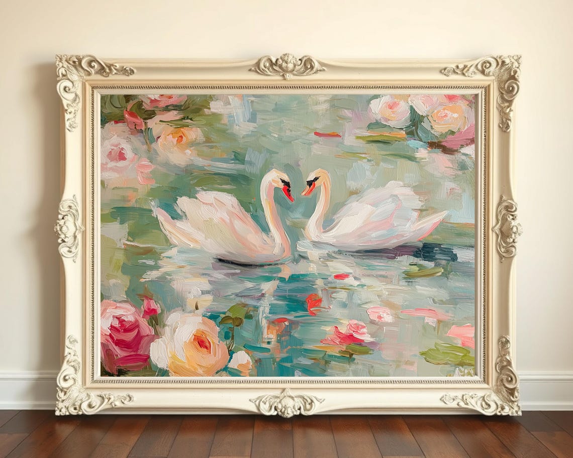 Romantic White Swan Couple Impressionist Rose Pond Art Print