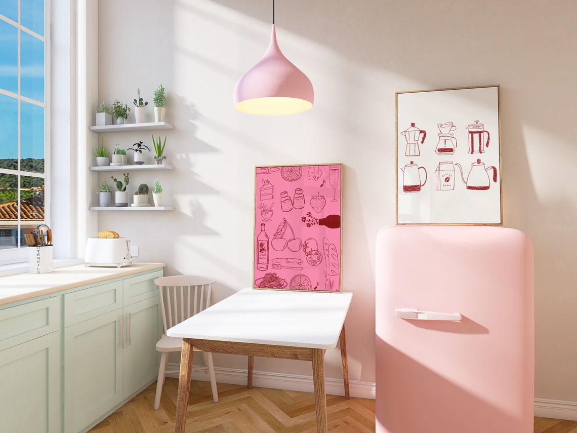 Pink Kitchen Food Line Illustrations Pasta Wine Decor Poster - Image 4