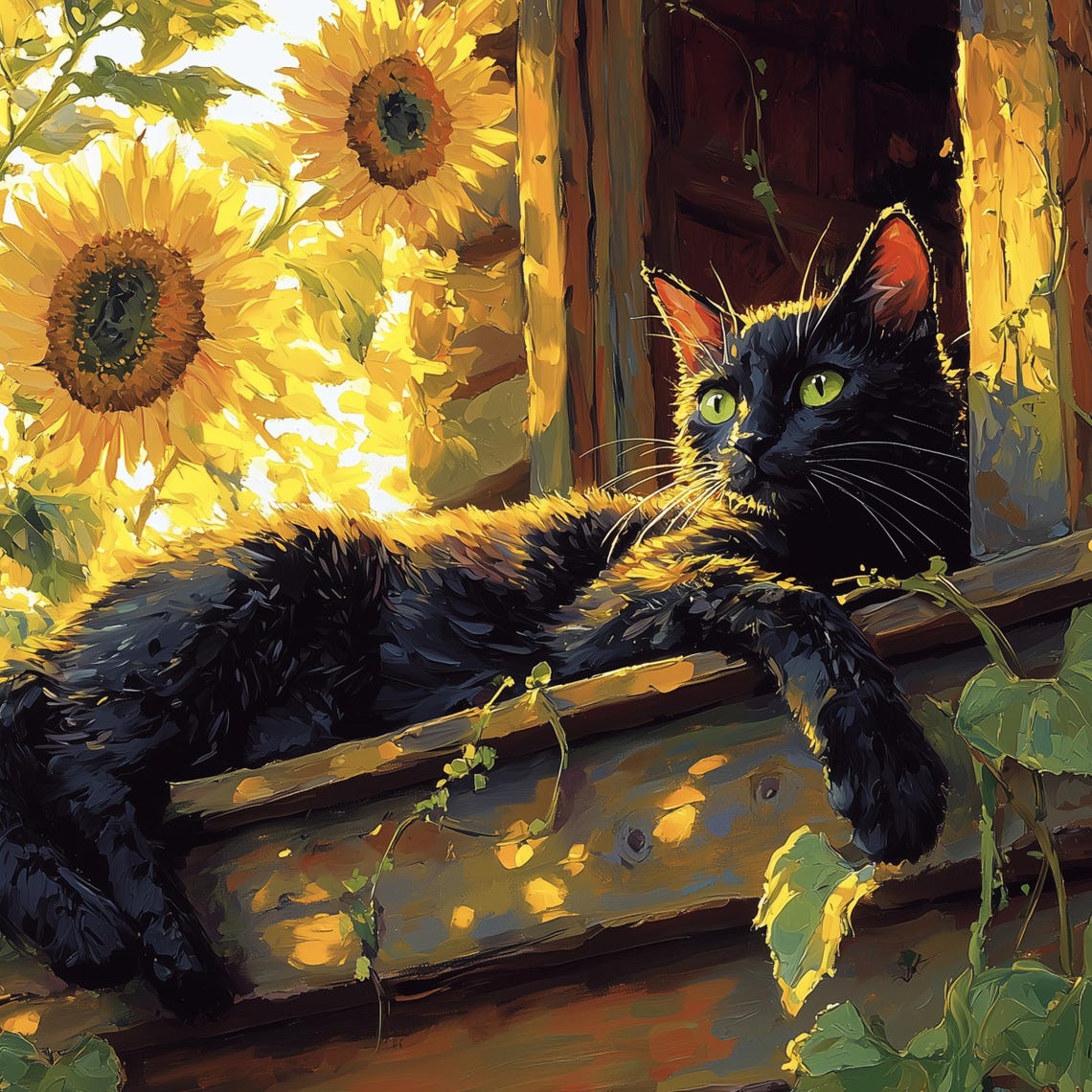 Black Cat Sunflowers Poster Golden Rustic Window Ledge Sunny Painting - Image 2