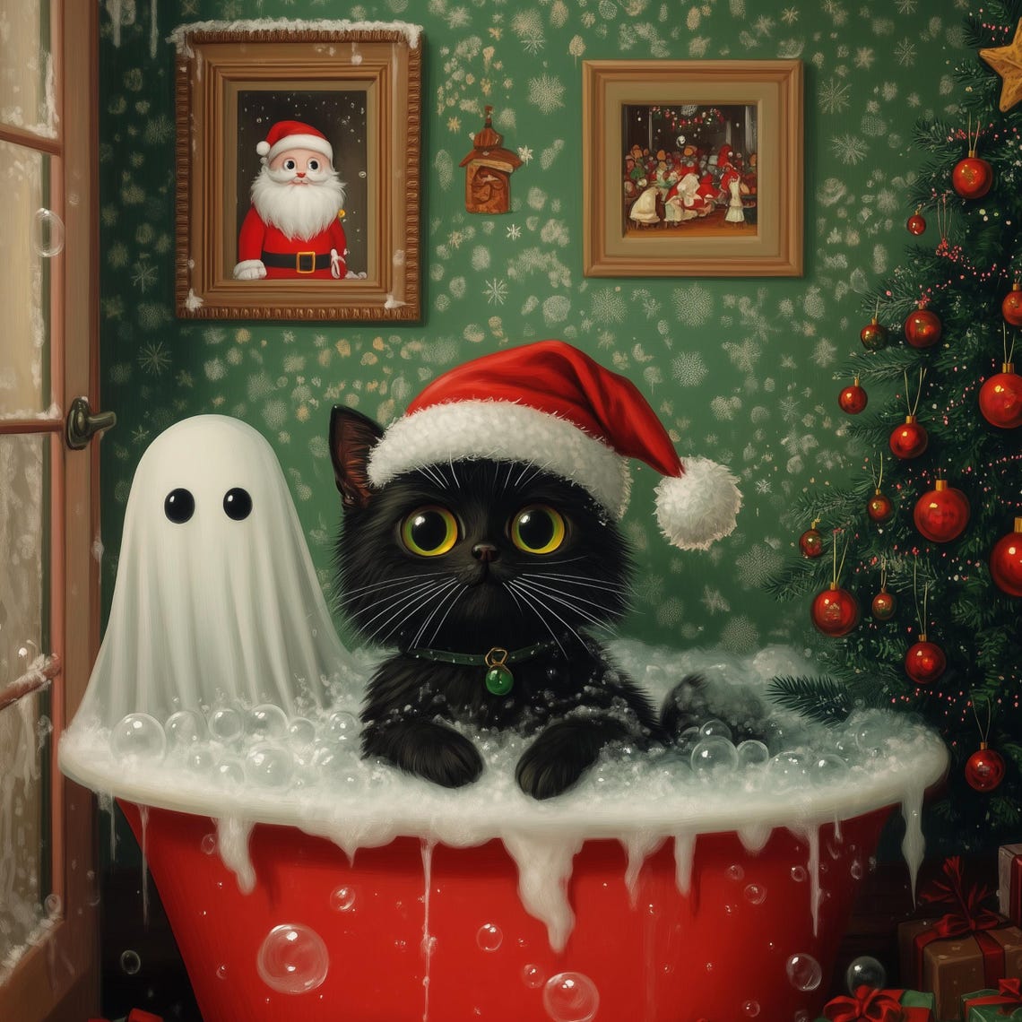 Ghost And Cat Christmas Bubblebath Poster Spooky Cute Ghost Xmas Bath Art Black Cat Print Whimsigoth Holiday Decor Unframed Cat Poster - Image 3