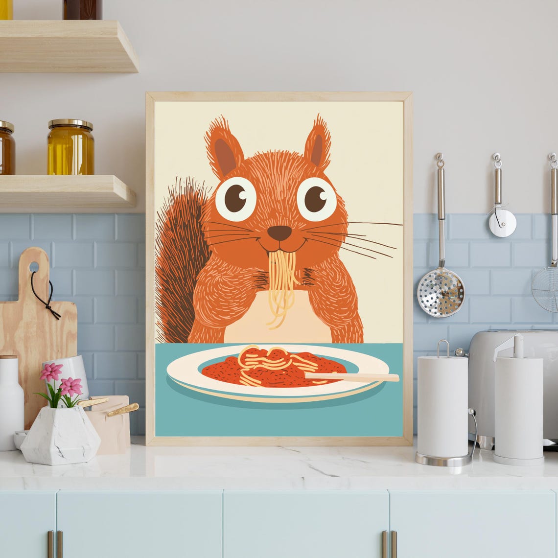 Adorable Red Squirrel Slurping Spaghetti Cartoon Kitchen Poster - Image 3