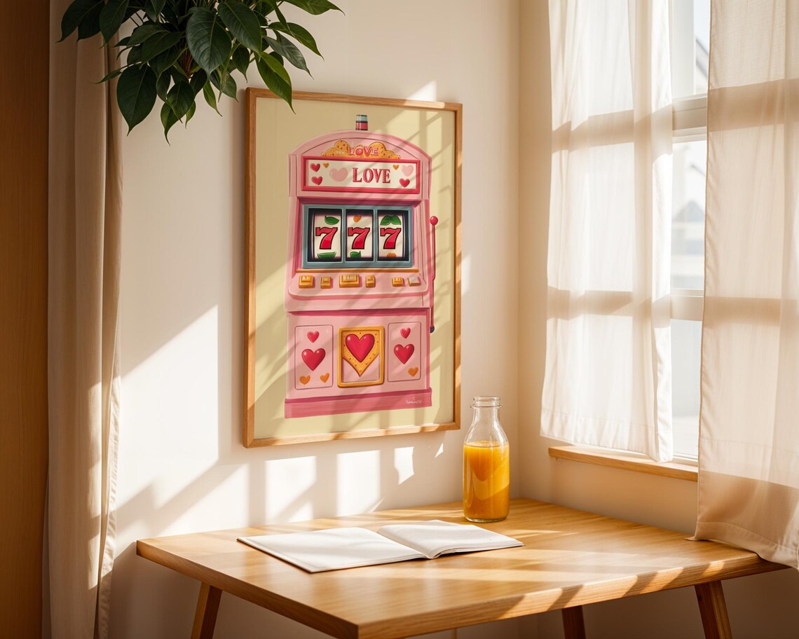 Pink Love Slot Machine 777 Jackpot Hearts Retro Lucky Poster - Image 2