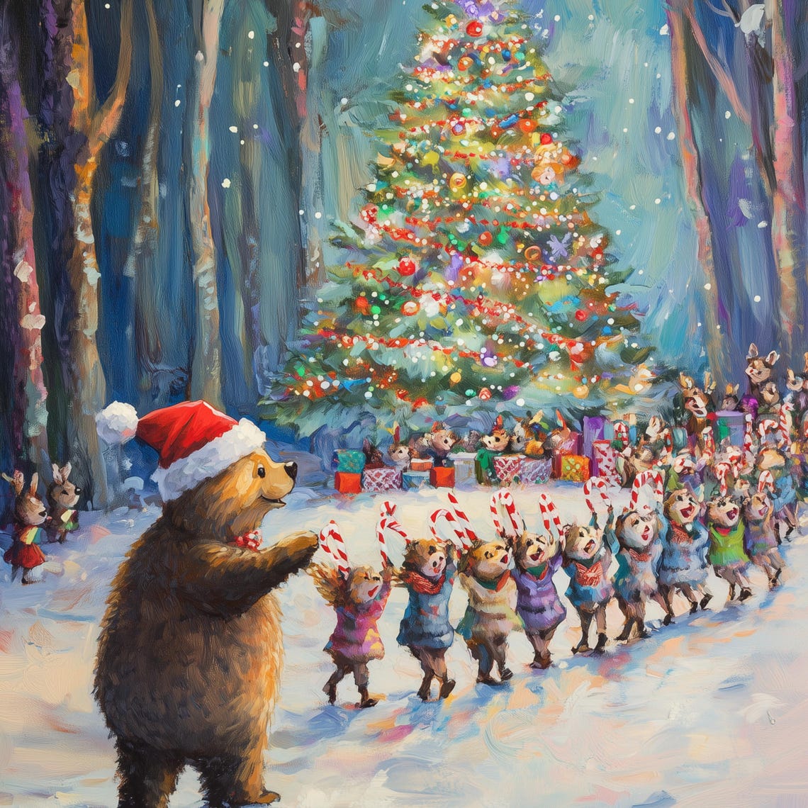 Joyful Christmas Bear Party Around a Brightly Decorated Tree Poster - Image 3