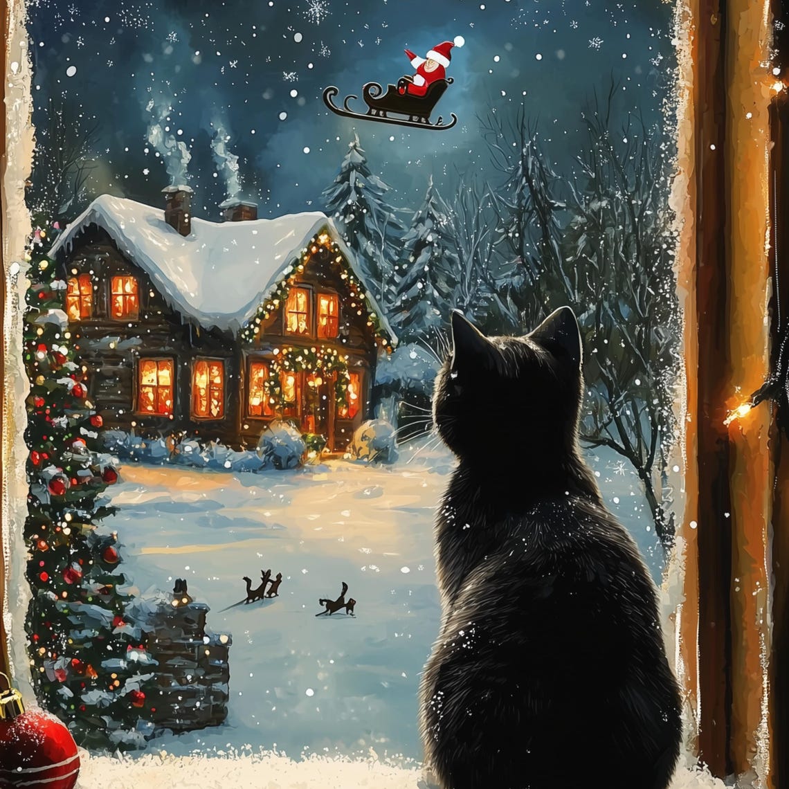 Black Cat Watching Santa Fly Over A Snowy Village At Night Poster - Image 3