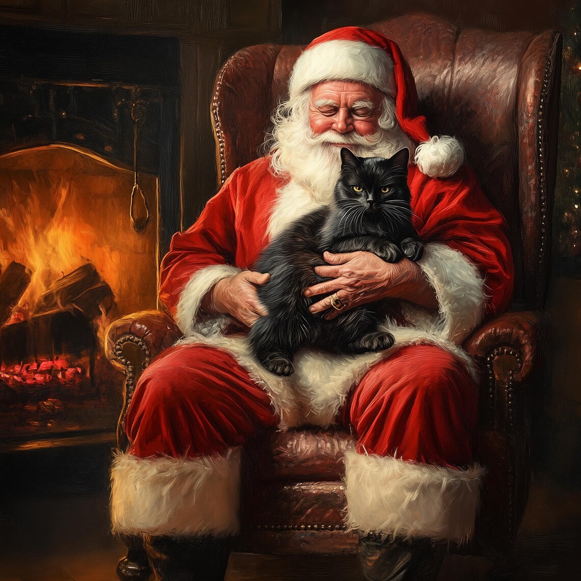 Santa Claus With Black Cat Cozy Christmas Art Print - Image 3