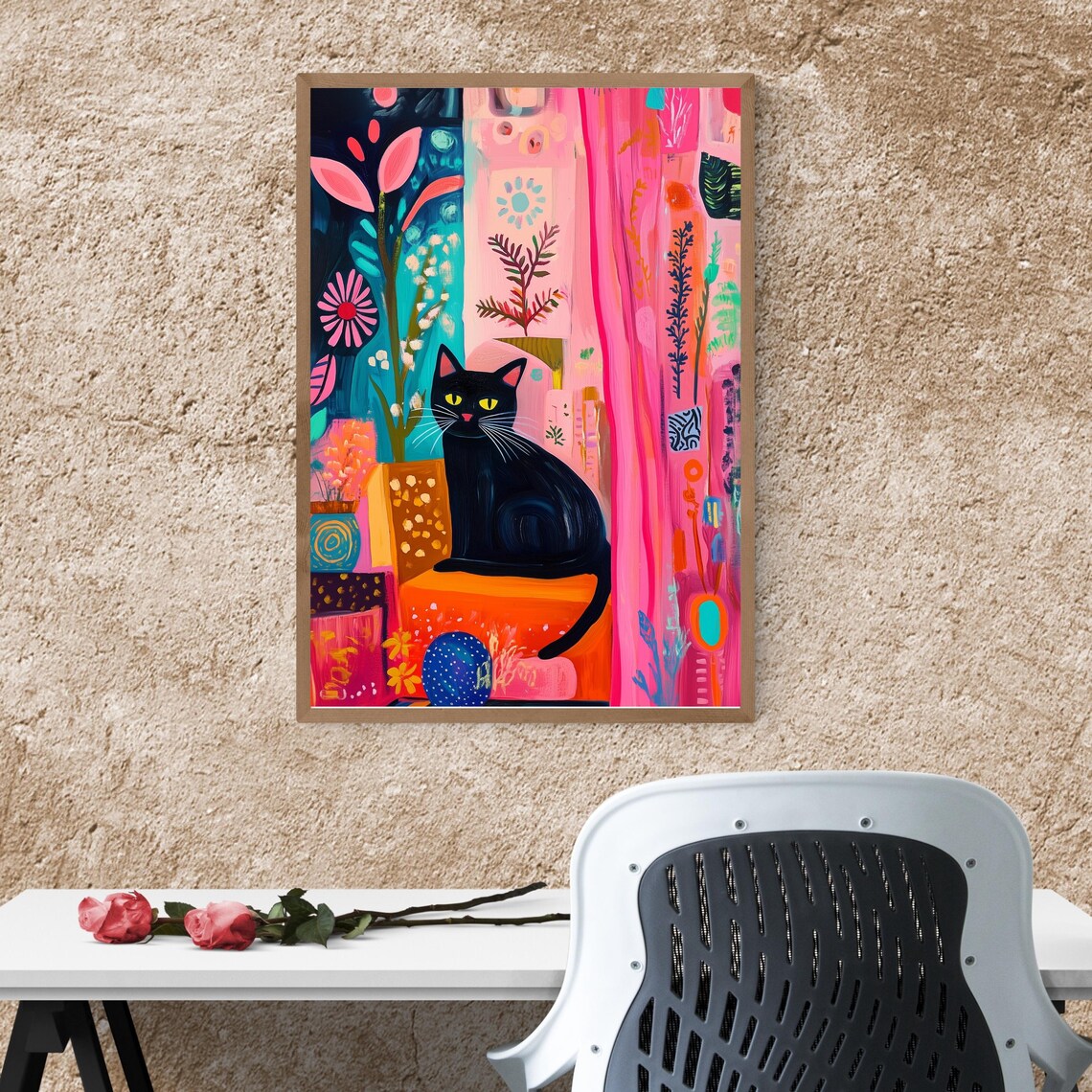 Black Cat With Bright Florals Art Print, Preppy Decor - Image 3