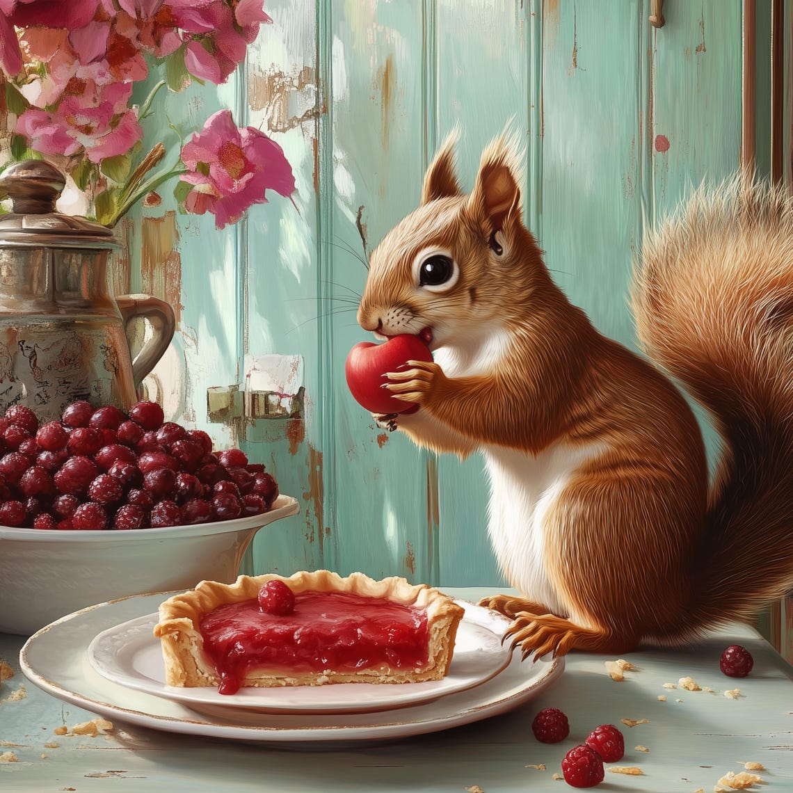 Whimsical Squirrel With Raspberry Tart Poster Vintage Kitchen Art Cute Woodland Animal Painting Rustic Kitchen Wall Art Kitchen Decor - Image 3