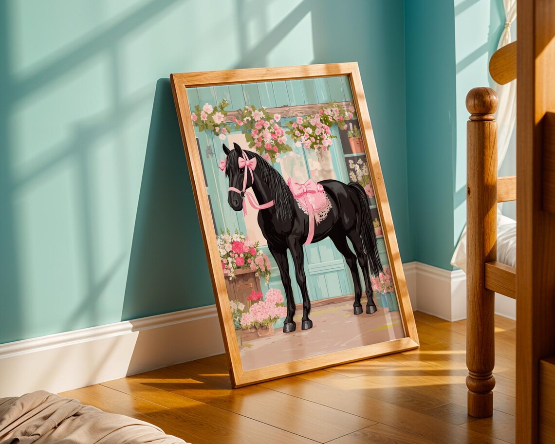 Black Horse with Pink Bow at Flower Shop Coquette Equestrian Poster - Image 3