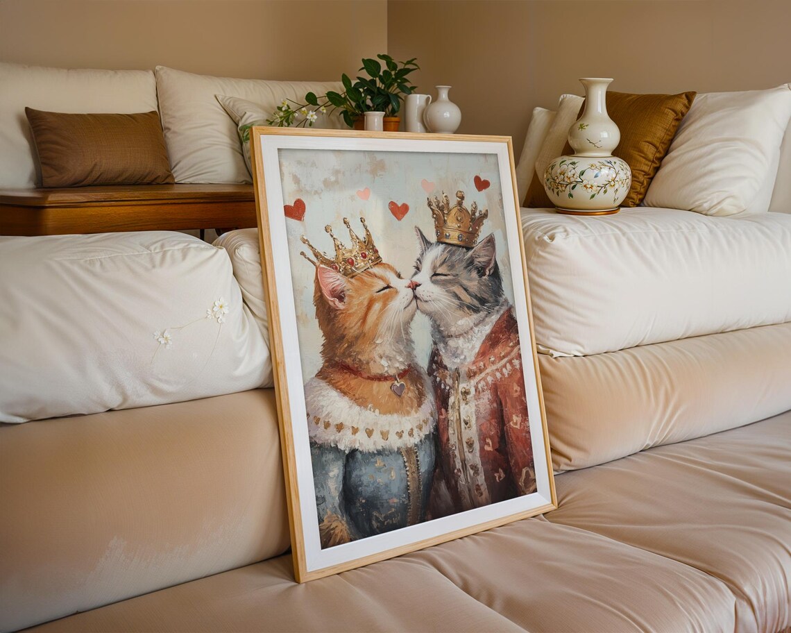 Royal Cat Couple Kissing Crowns Hearts Orange Gray Cats Poster - Image 3