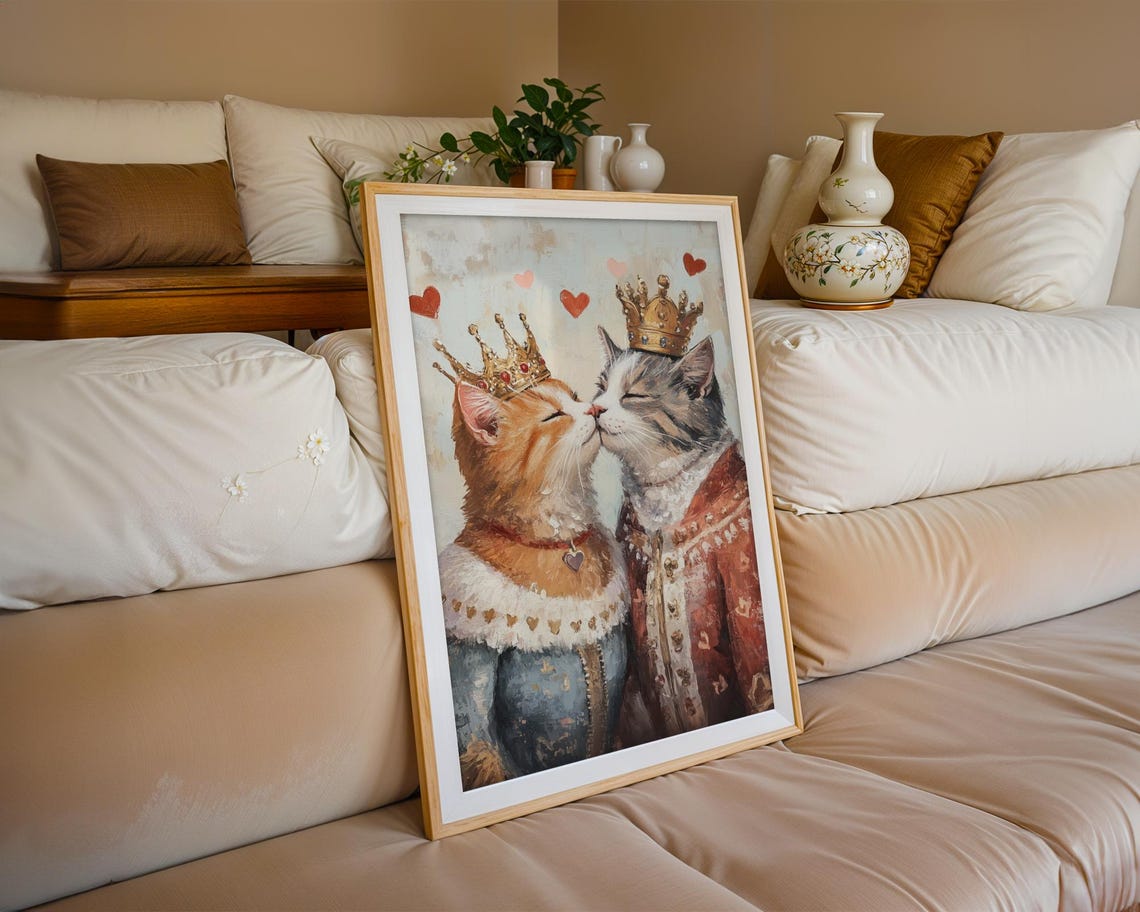 Royal Cat Couple Wall Art Cat Couple Painting Quirky Cat Poster Regal Cats Painting Whimsical Couple Decor Fantasy Art Cat Print - Image 3