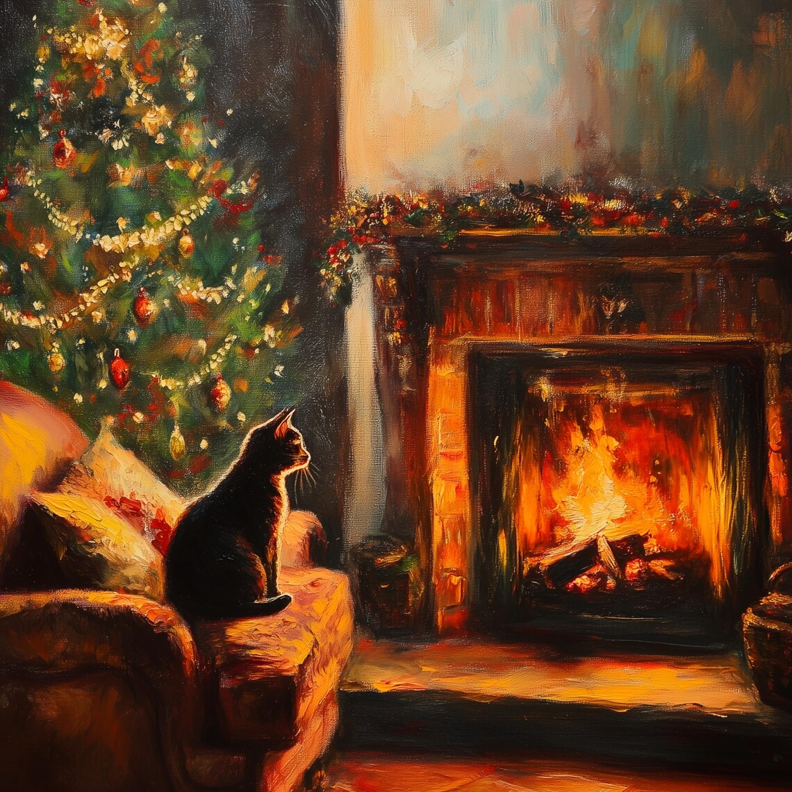 Black Cat By A Christmas Tree And Fireplace Moody Holiday Night Poster - Image 3