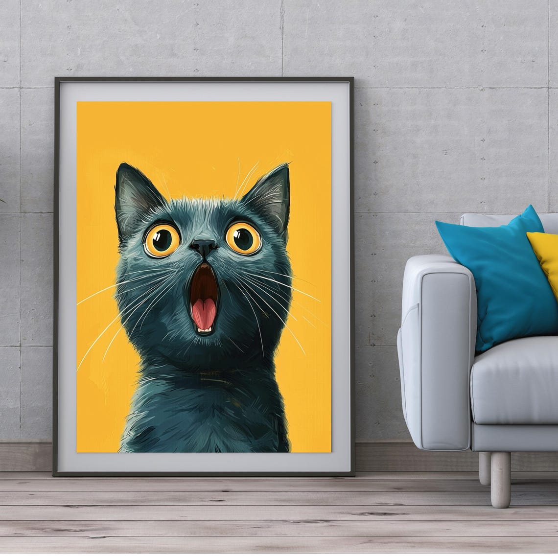 Startled Gray Cat with Huge Wide Eyes on a Bright Yellow Poster - Image 2