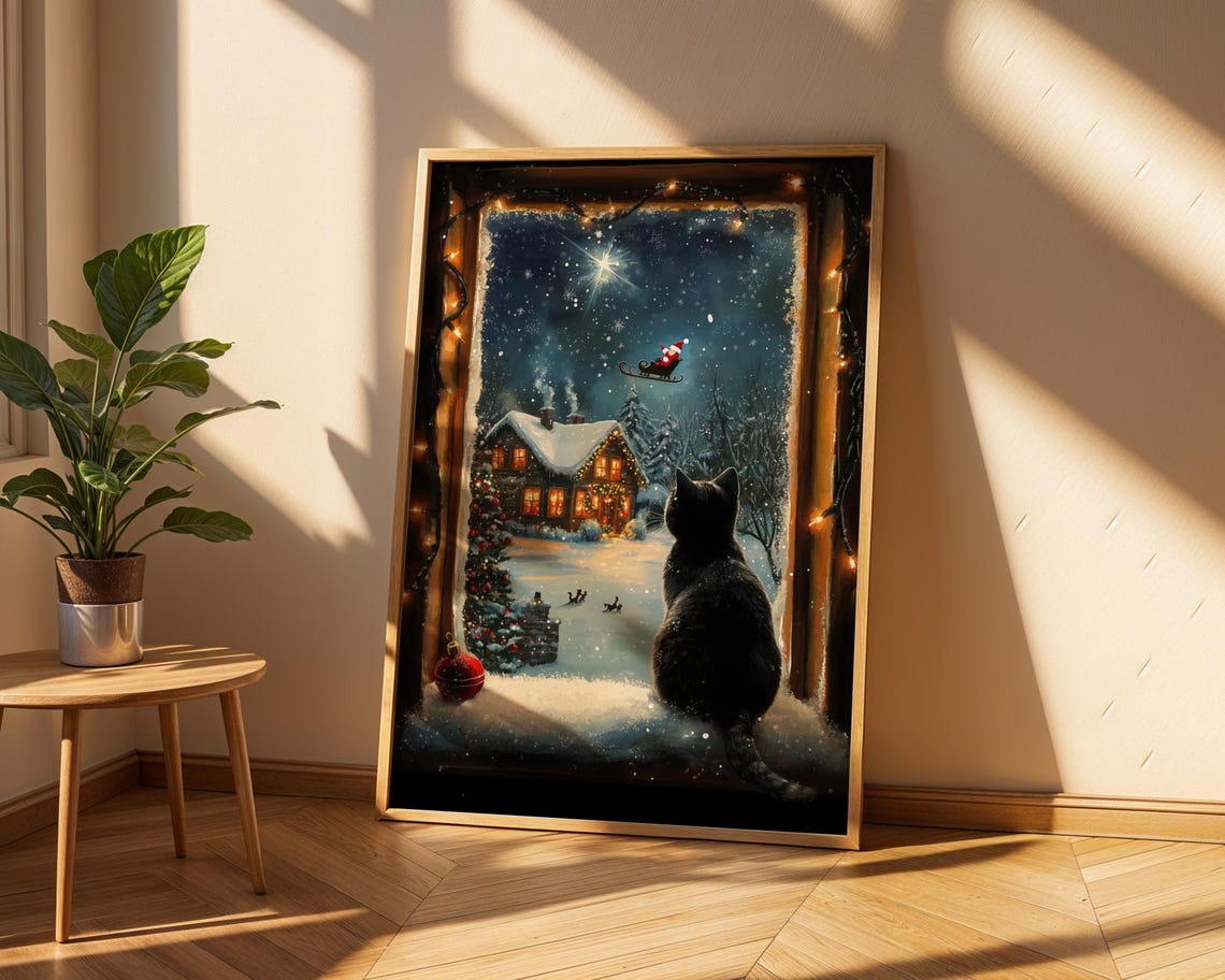 Black Cat Watching Santa Fly Over A Snowy Village At Night Poster - Image 2
