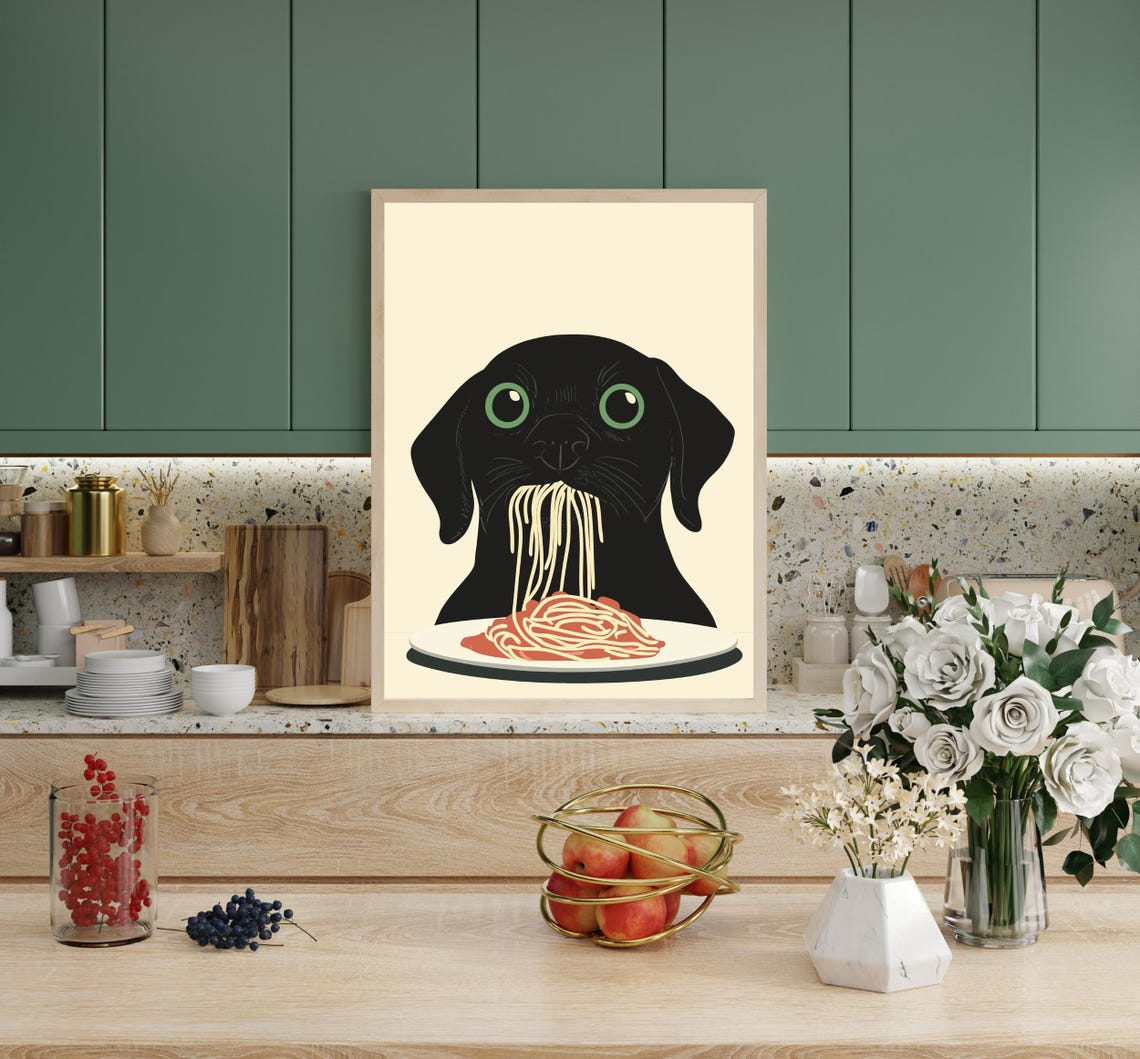 Funny Black Dog Spaghetti Poster Cute Cartoon Dog Slurping Pasta Art - Image 3