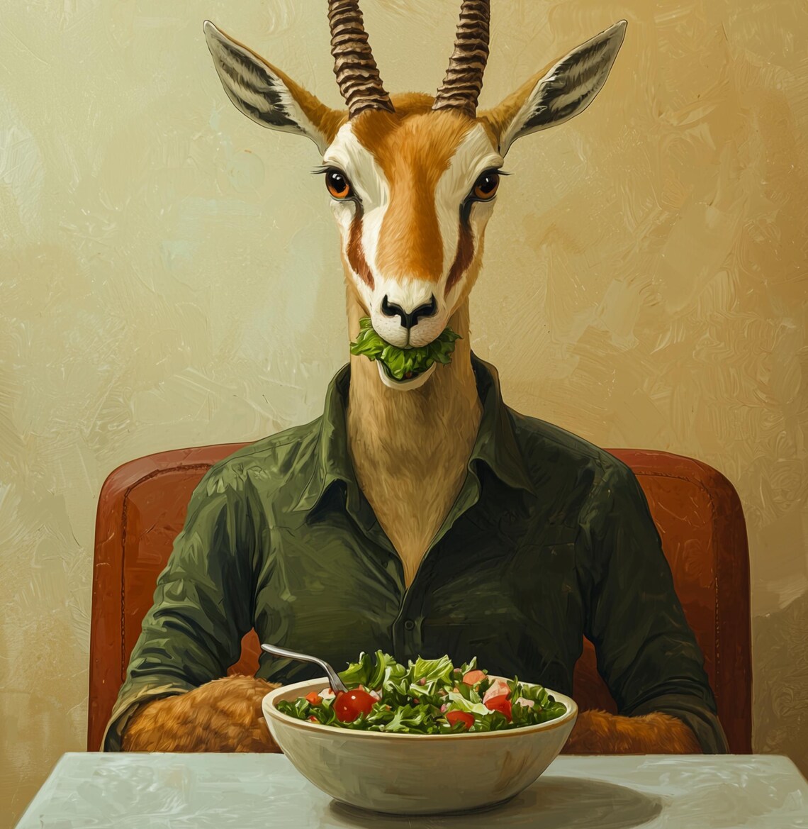 Quirky Gazelle Eating Salad Whimsical Animal Portrait Poster - Image 3