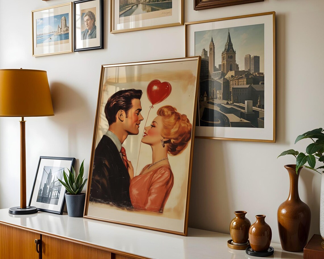 Vintage Couple with Heart Shaped Balloon Retro Valentine Love Poster - Image 2