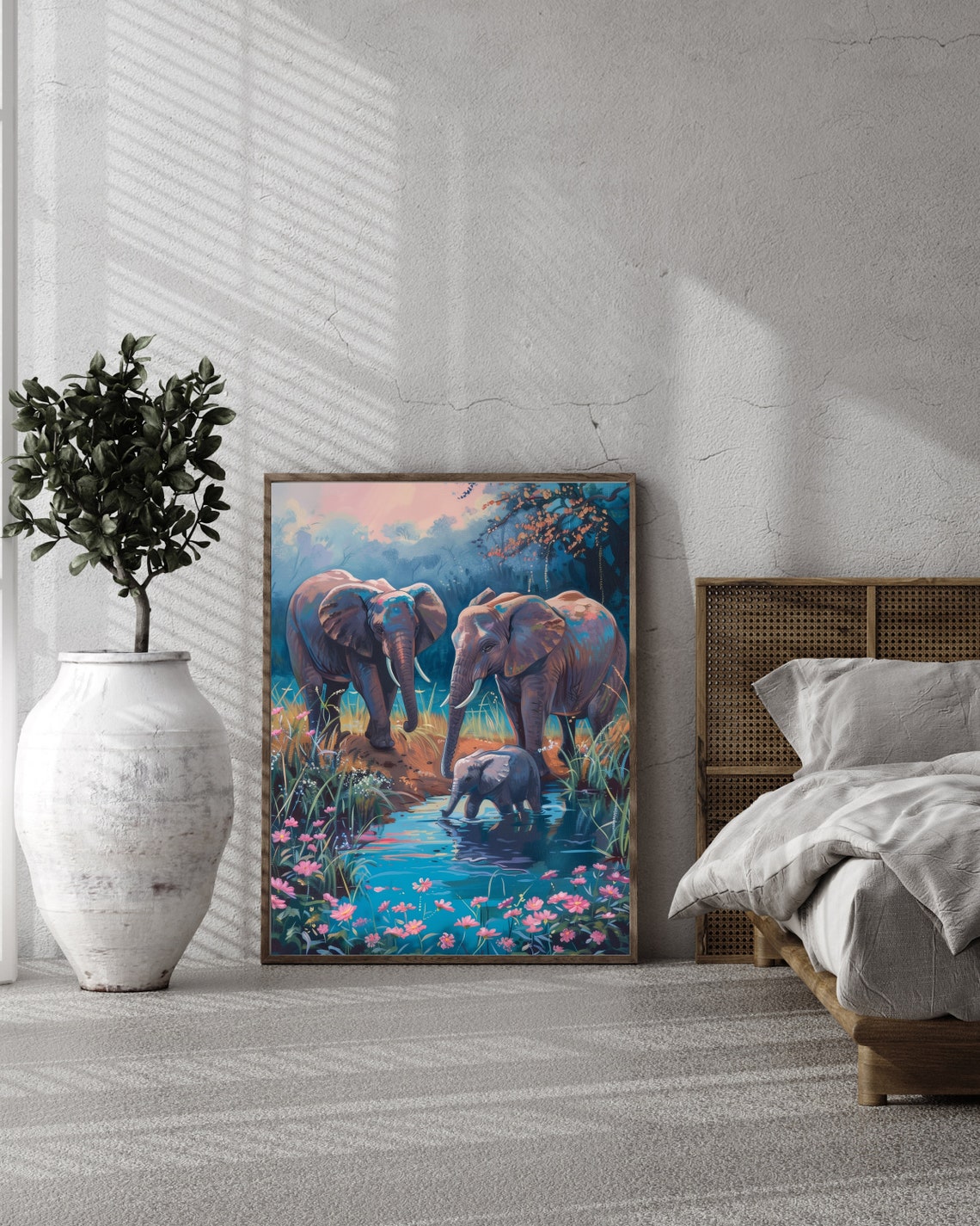 Elephant Family Poster Oil Painting Colorful Elephants In Nature Poster Elephant Family In Nature Oil Painting Elephants Oil Painting - Image 2