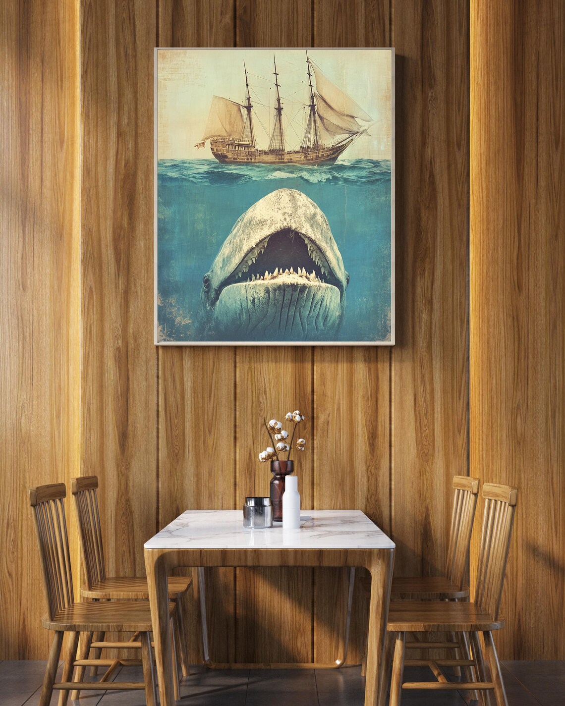 Vintage Tall Ship Sailing Above Giant Whale Open Mouth Poster - Image 2
