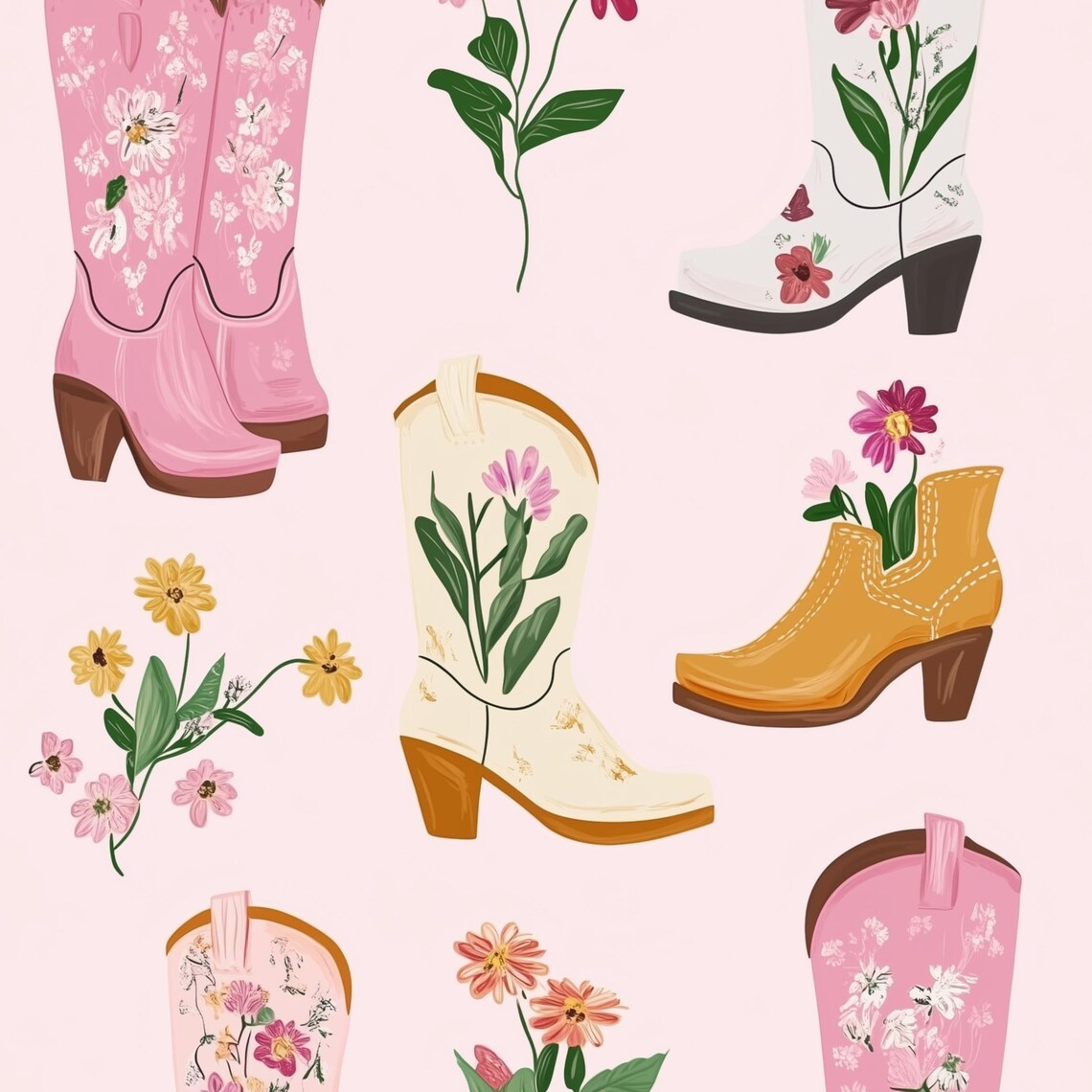 Six Floral Cowboy Boots Pink White Mustard Western Boot Art Poster - Image 3