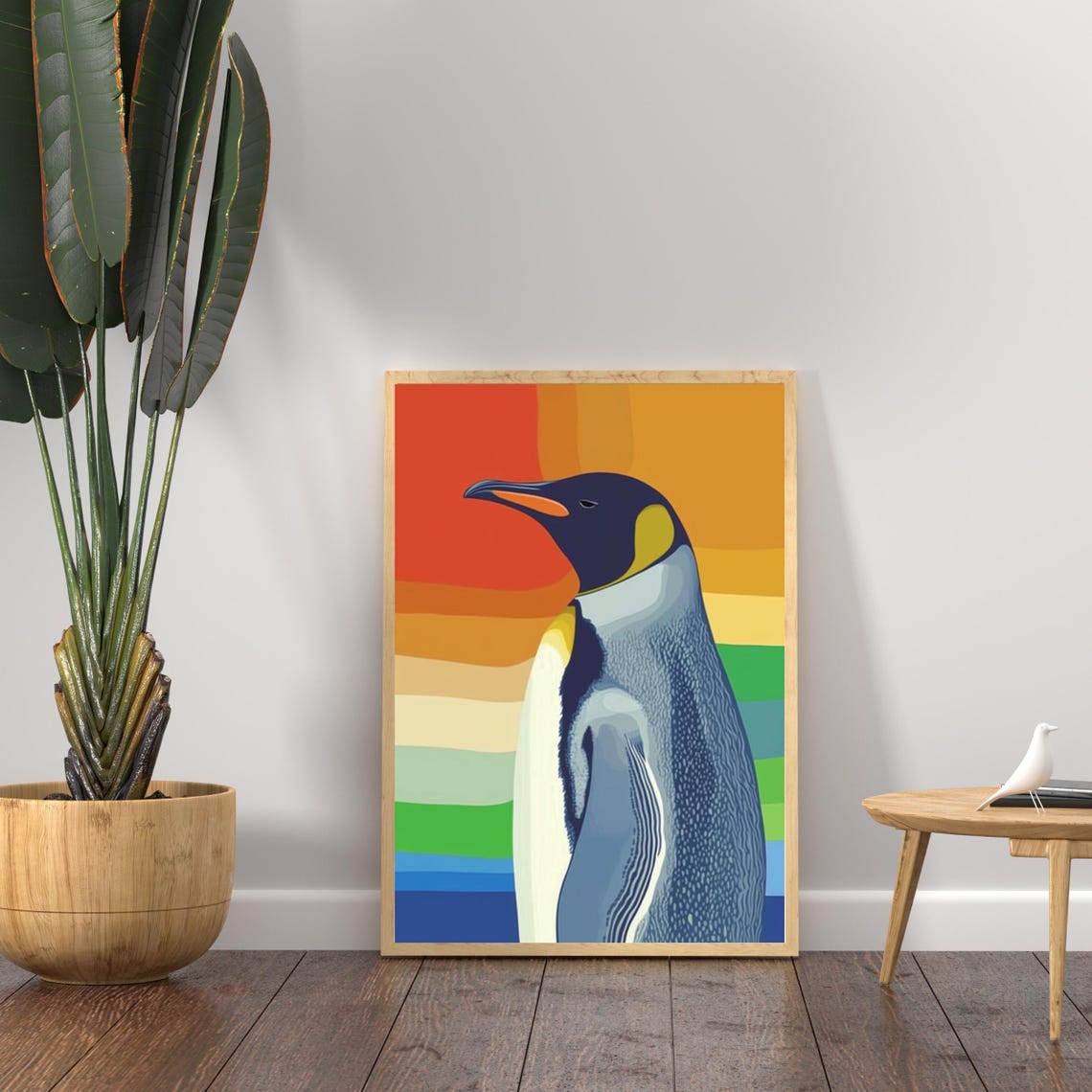 King Penguin Portrait Rainbow Sunset Colorful Pop Art Style Poster - Image 3