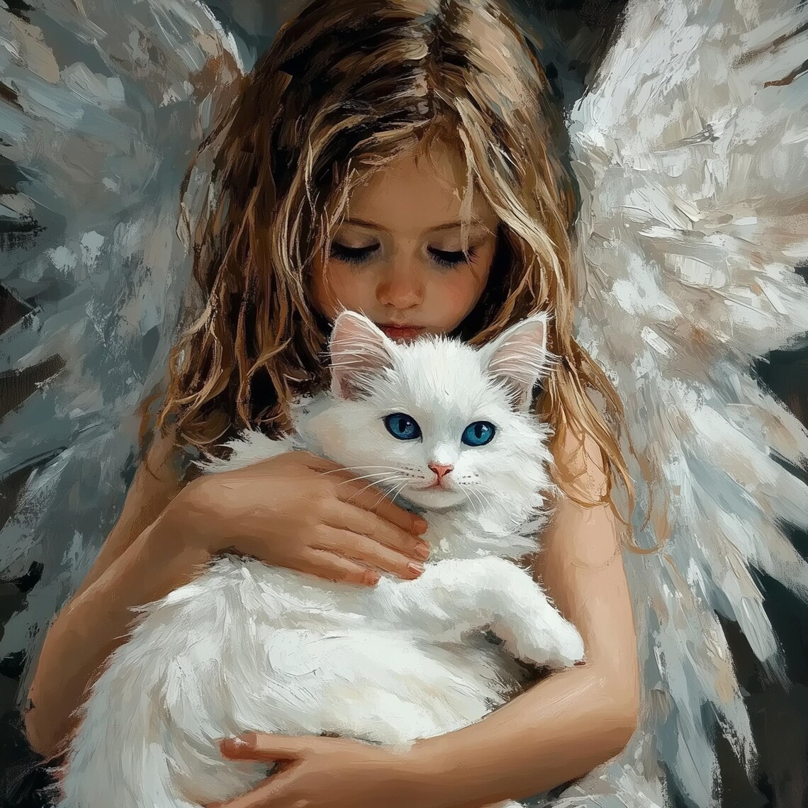Sweet Angel Girl Cradling A Fluffy White Cat Painting Poster - Image 3